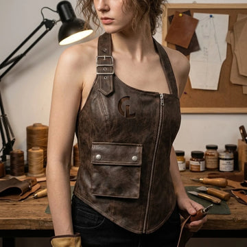 Woman wearing a fitted brown leather vest with buckle shoulder straps, front zipper and utility pocket in a leather workshop.