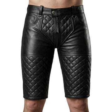 Men’s black quilted leather shorts with front zipper and utility ring details