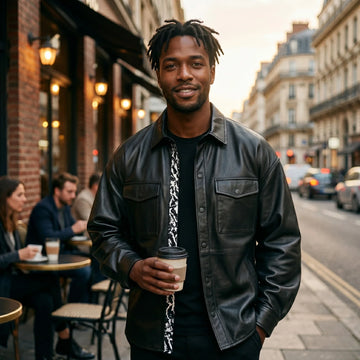 Men wearing a black leather shirt overshirt with chest pockets on a city street