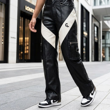 Black and white women’s leather cargo pants with wide-leg fit and utility pockets
