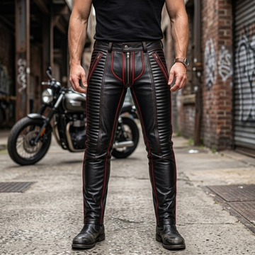 Black leather biker pants with red piping and zip details