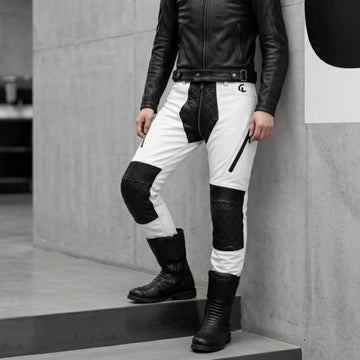 Men's black and white leather motorcycle pants with quilted knee panels