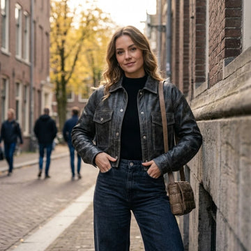 Woman wearing a black leather overshirt shirt jacket with chest pockets