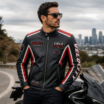 Men's black and red leather biker jacket beside a sport motorcycle