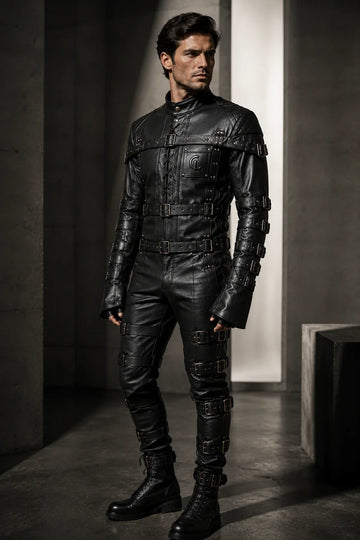 Men's black leather suit with buckle straps and matching leather pants