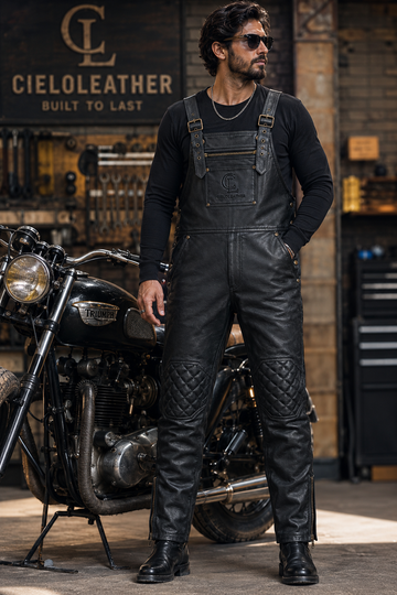 Men’s black leather bib overalls with quilted knees and buckle straps beside a motorcycle