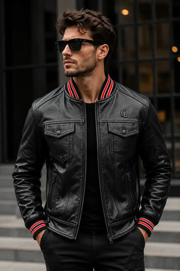 Men's black leather trucker jacket with red striped collar and cuffs