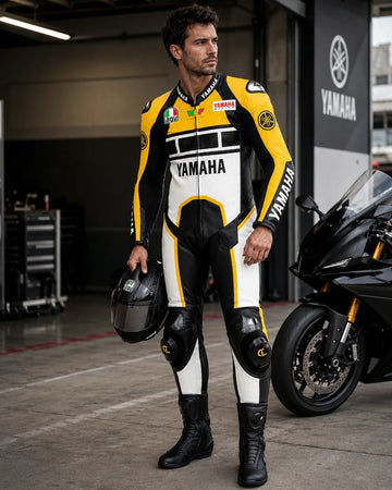 Men's yellow and black motorcycle leather racing suit beside a sport bike
