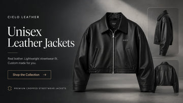 Cielo Leather unisex black cropped leather jacket collection banner with front, side and back views