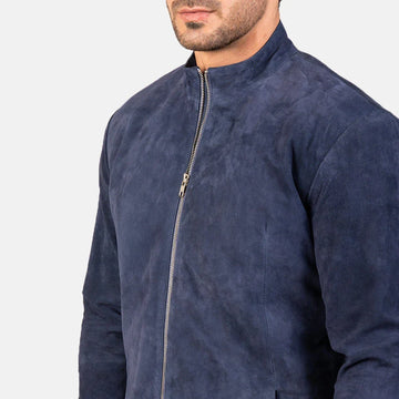 Men's navy suede leather jacket with stand collar and zip front