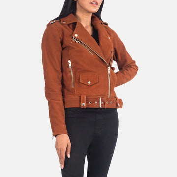 Women’s brown suede biker jacket with asymmetric zip, belted waist and silver hardware