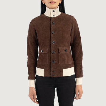 Women’s brown suede aviator jacket with cream ribbed collar and cuffs, button front and flap pockets