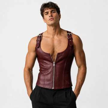 Men's burgundy leather vest with zipper front and buckle shoulder straps