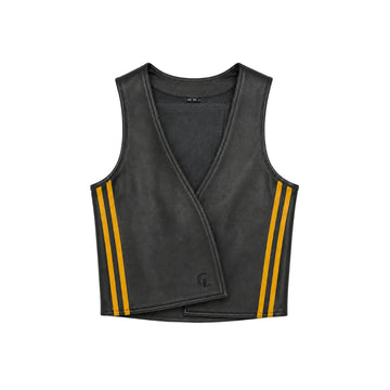 Men’s black leather vest with yellow side stripes and wrap-front design