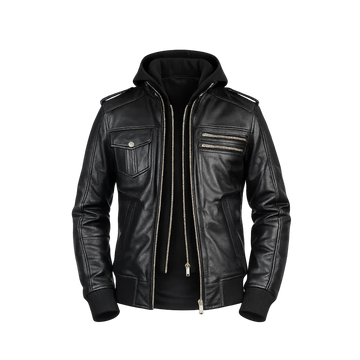 Bravado Black Hooded Men's Leather Bomber Jacket