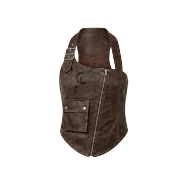 Women's Asymmetrical  Leather  Cargo Corset Top vest made with Sheepskin