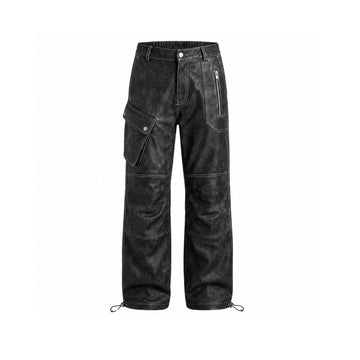 Women's Distressed Sheepskin Leather Cargo Pants — Washed Vintage Finish | Baggy Fit | Utility Pockets | Drawstring Ankle