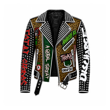 Riot Fang Women’s Leopard Print Studded Cowhide Leather Punk Biker Jacket
