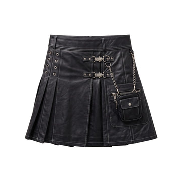 Women's Genuine Sheepskin Leather Kilt Skirt — Pleated Punk Style with Chain, Detachable Mini Bag & Silver Hardware