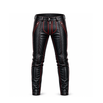 Noir Raptor Black Moto Leather Pants with Red Piping
