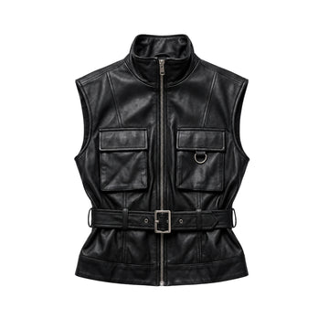 Renegade Women's Sheepskin Leather Moto Vest – Funnel Collar, Utility Cargo Pockets & Belted Waist