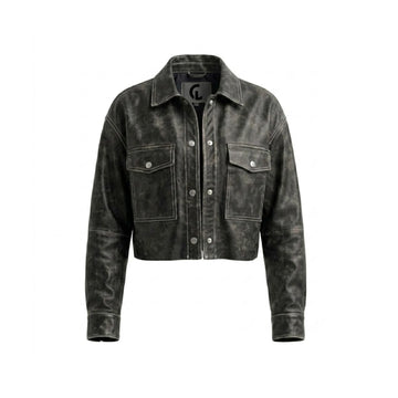 Vintage Women's Cropped Black Sheepskin Leather Overshirt | Washed Finish & Contrast Stitching