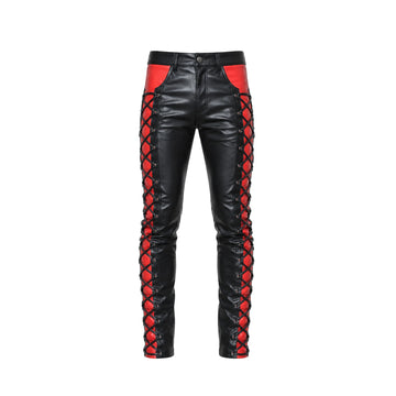 Inferno Lace Men’s Sheepskin Leather Pants – Black & Red Lace-Up Biker Trousers