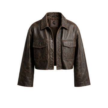 Women's Distressed Sheepskin Crop Leather Overshirt | Vintage Mob Wife Boxy Crop Jacket with Satin Lining