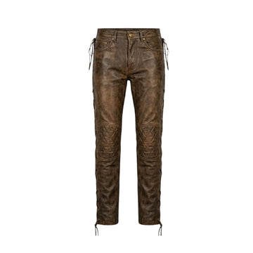 Vintage Style Brown Sheepskin Quilted Leather Biker Pants
