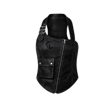 Women's Asymmetrical  Leather  Cargo Corset Top vest made with Sheepskin