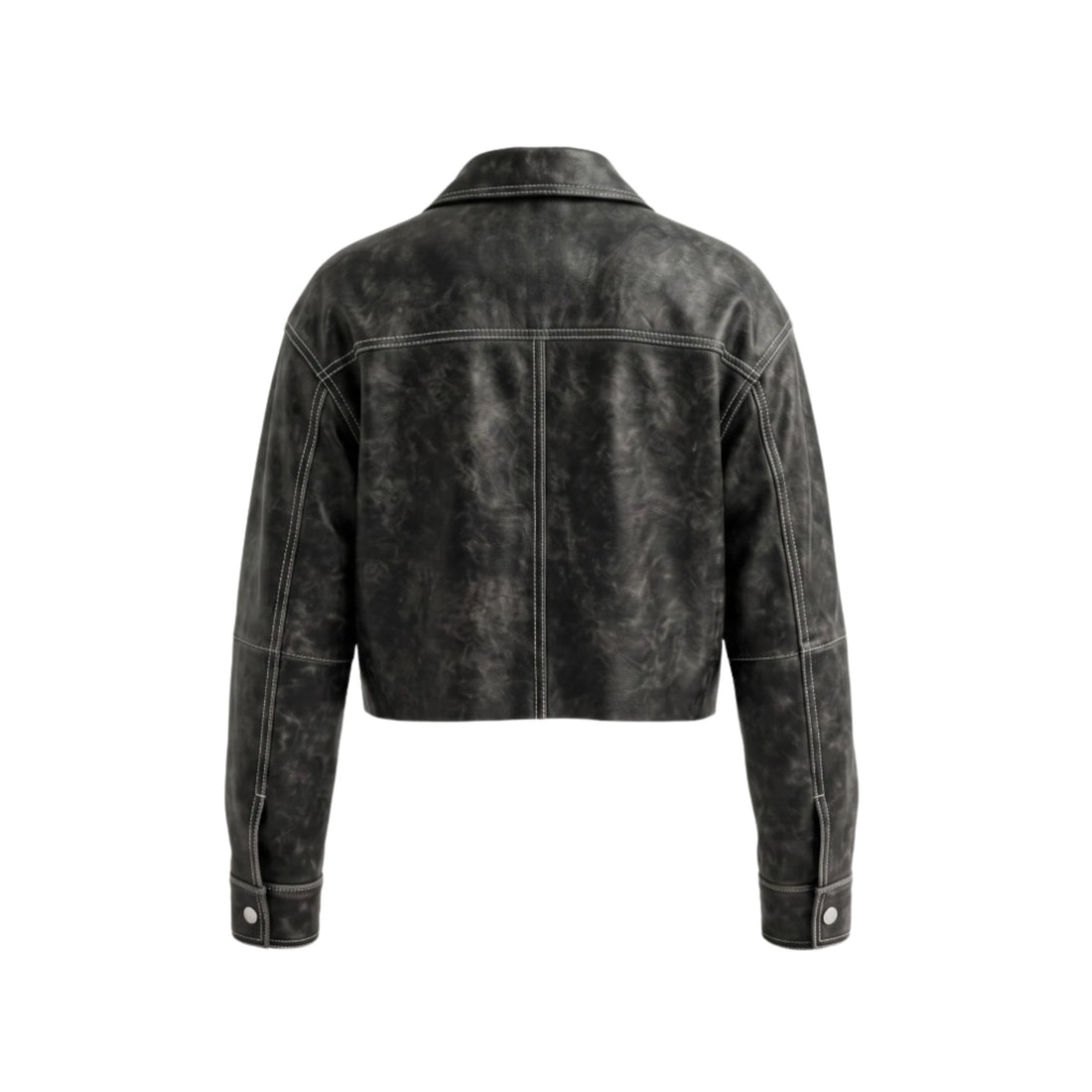 Vintage Women's Cropped Black Sheepskin Leather Overshirt | Washed Finish & Contrast Stitching