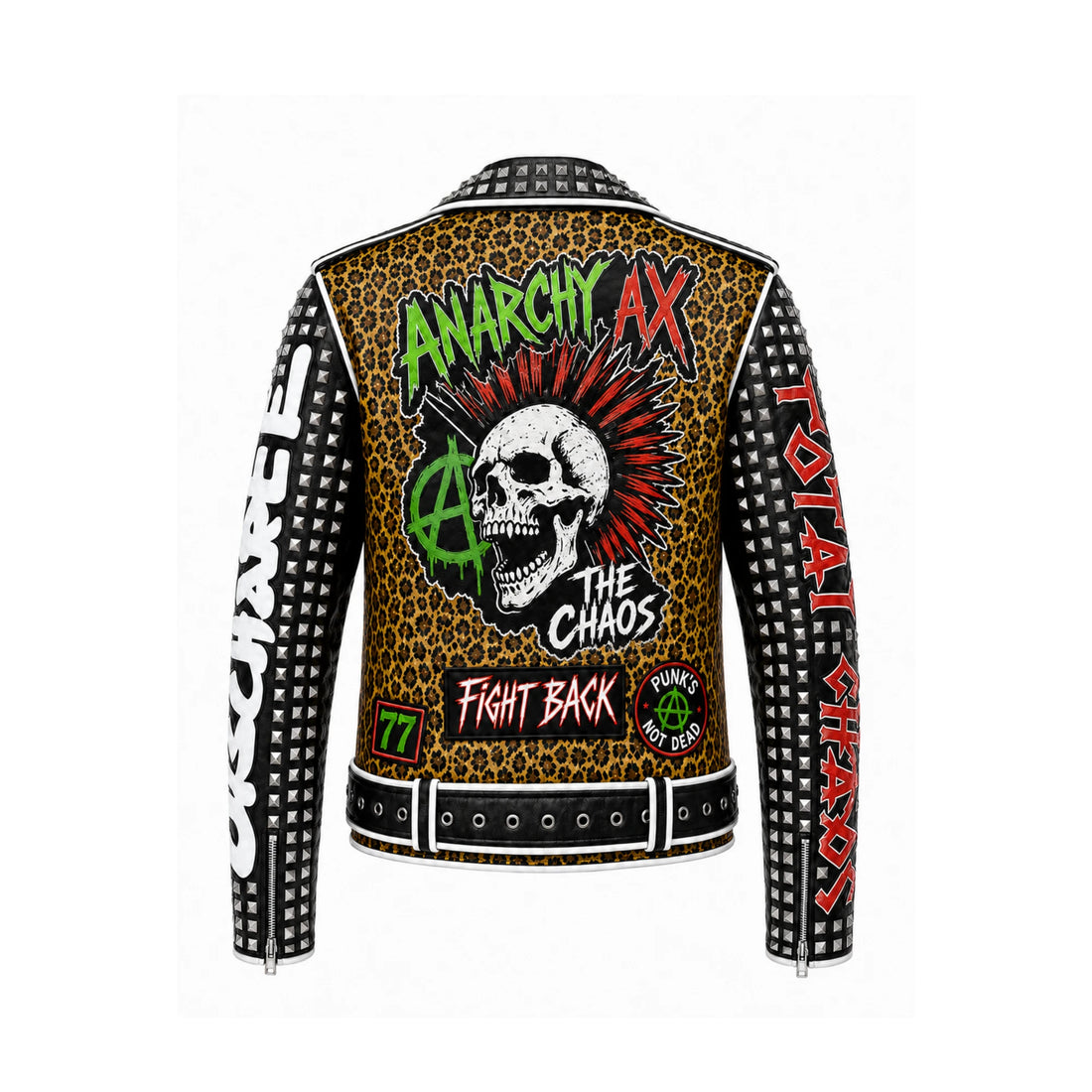 Riot Fang Women’s Leopard Print Studded Cowhide Leather Punk Biker Jacket