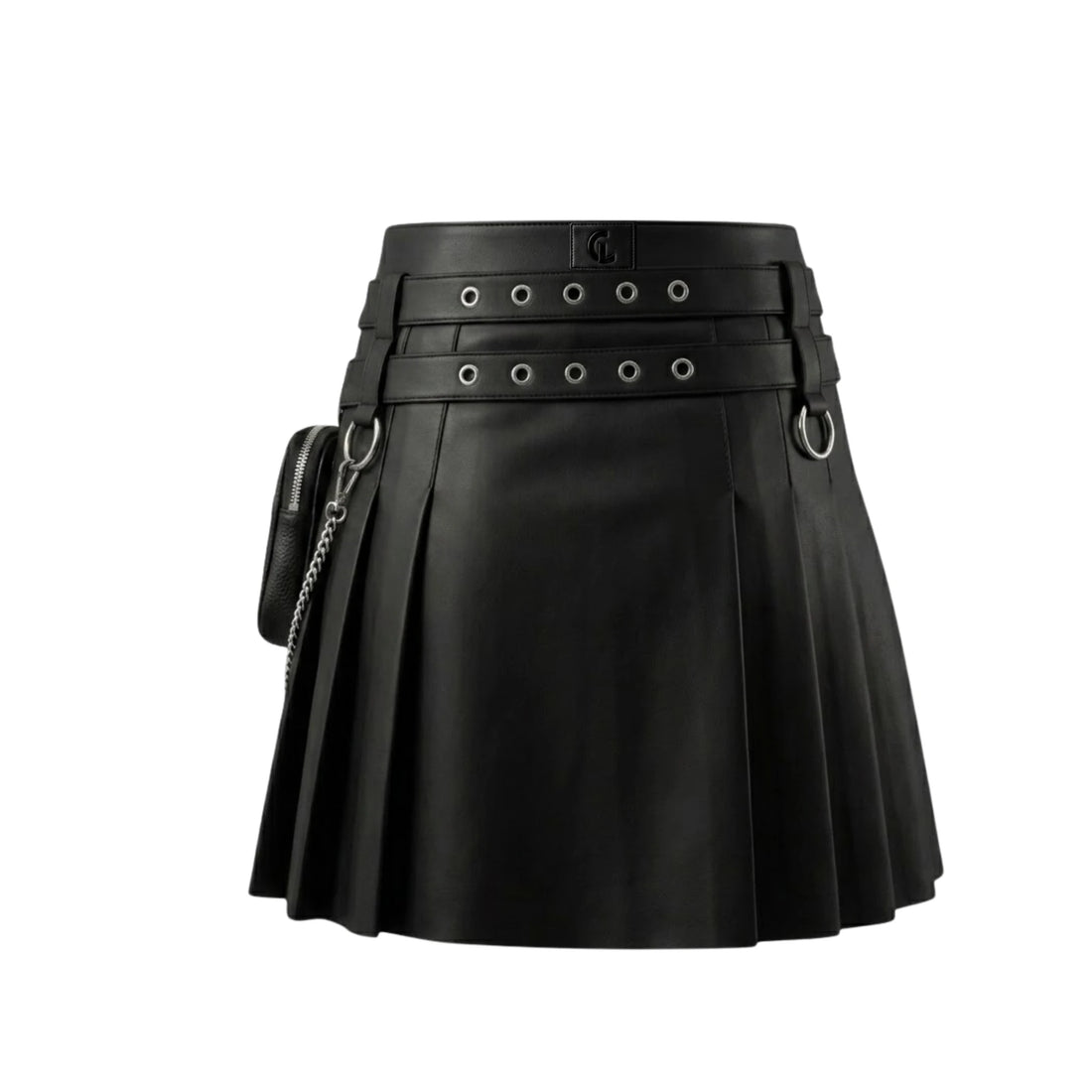 Women's Pleated Leather Mini Skirt with Double Belt Straps & Detachable Chain Pouch
