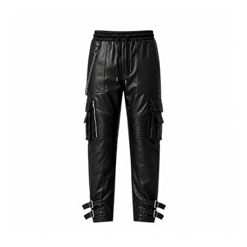 Men's Apex Moto Cargo Leather Pants – Premium Sheepskin Leather Utility Trousers with Cargo Pockets, Moto Panels, Chain Detail
