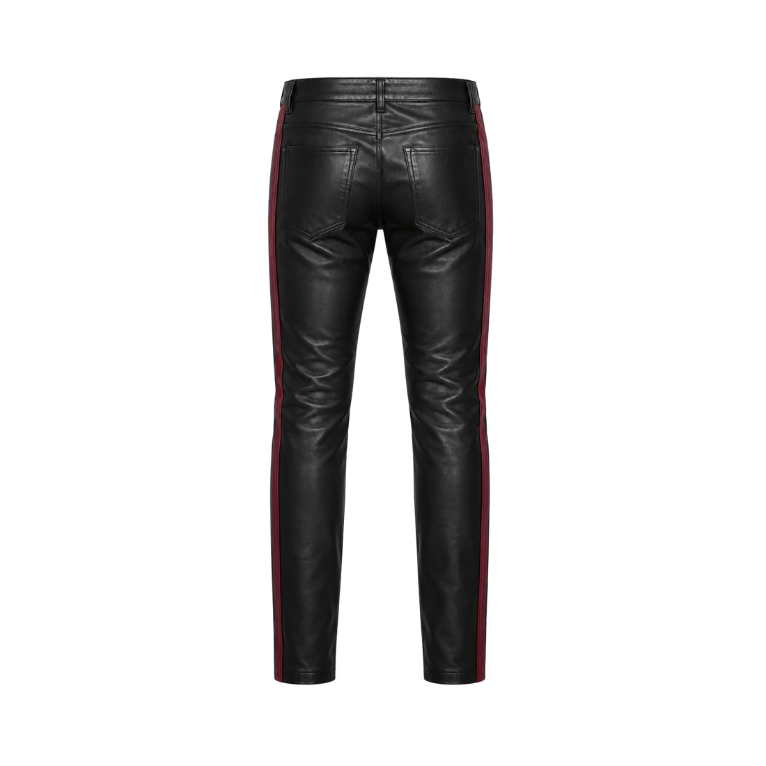 Apex Moto Men’s Black Sheepskin Leather Pants with Burgundy Side Stripes