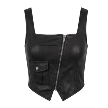 Women's Genuine Sheepskin Leather Cargo Corset Top – Asymmetric Utility Zip Vest