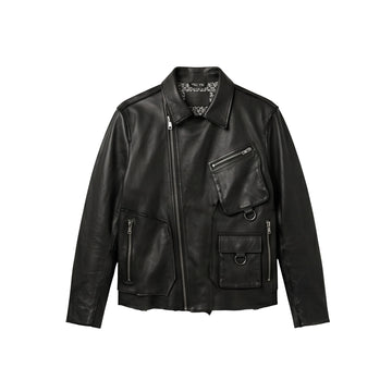 Asymmetrical Cargo Leather Jacket for Men's