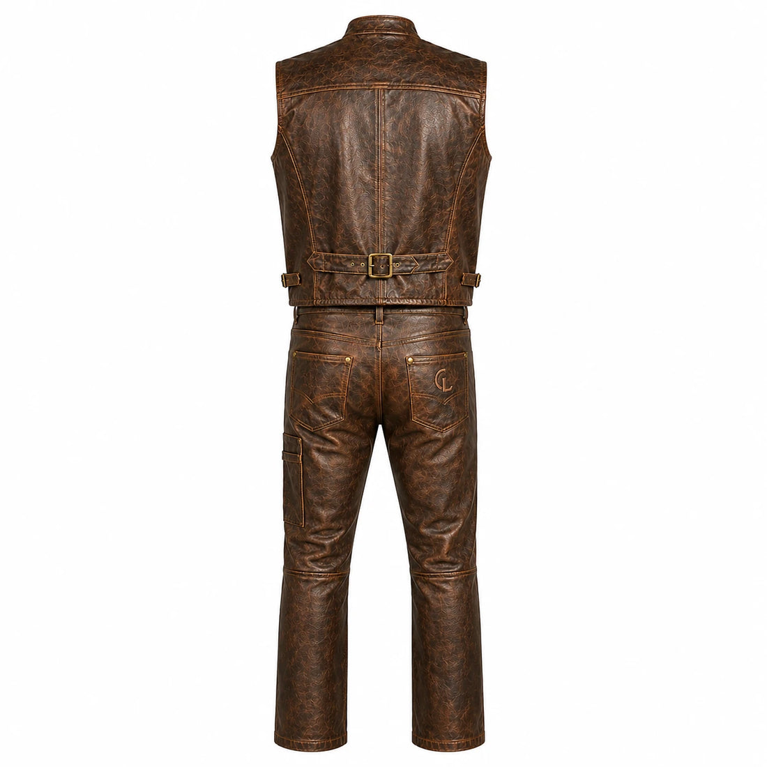 Cielo Irontrail Men’s Distressed Brown Sheepskin Leather Vest & Pants Set
