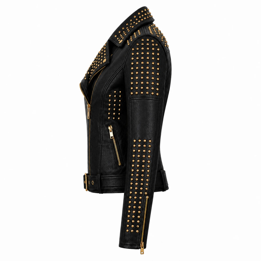 Cielo Rebel Noir Gold Studded Black Cowhide Leather Biker Jacket