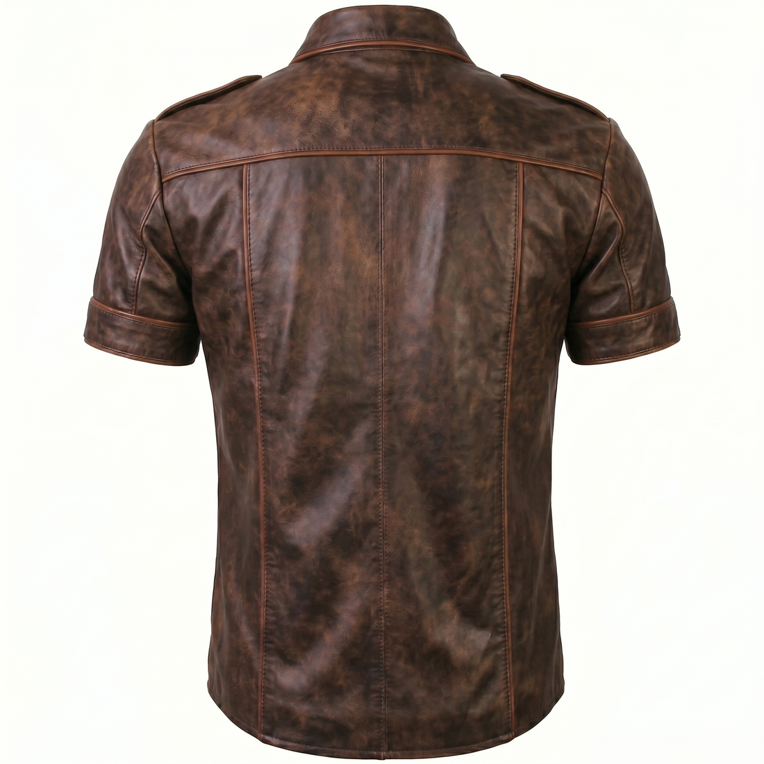 The Maverick Tactical Real Sheepskin Short Sleeve Leather Shirt – Distressed Antique Brown