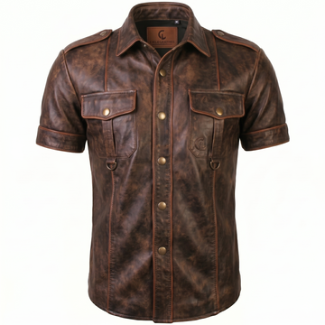 The Maverick Tactical Real Sheepskin Short Sleeve Leather Shirt – Distressed Antique Brown