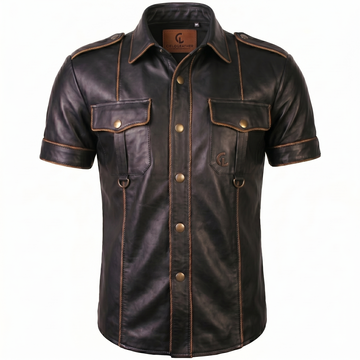 Cielo Leather Men's Maverick Premium Sheepskin Shirt – Slim Fit Short Sleeve Military Style Shirt