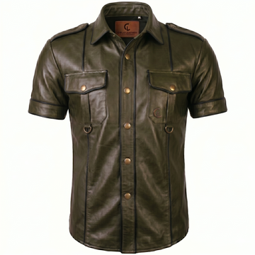 The Maverick Tactical Olive Green Genuine Sheepskin Short-Sleeve Leather Shirt