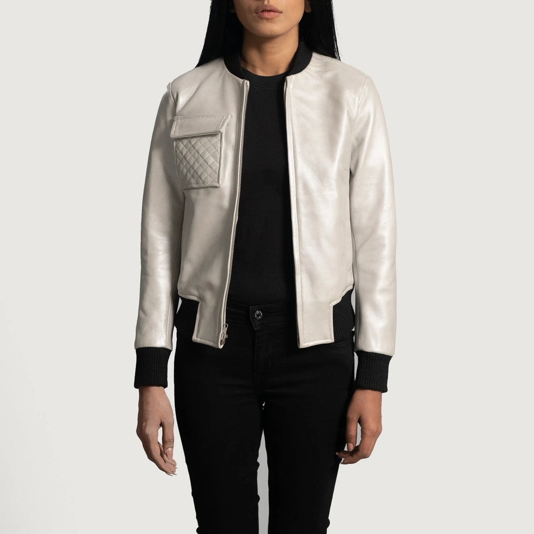 Lana Women's Silver Metallic Leather Bomber Jacket