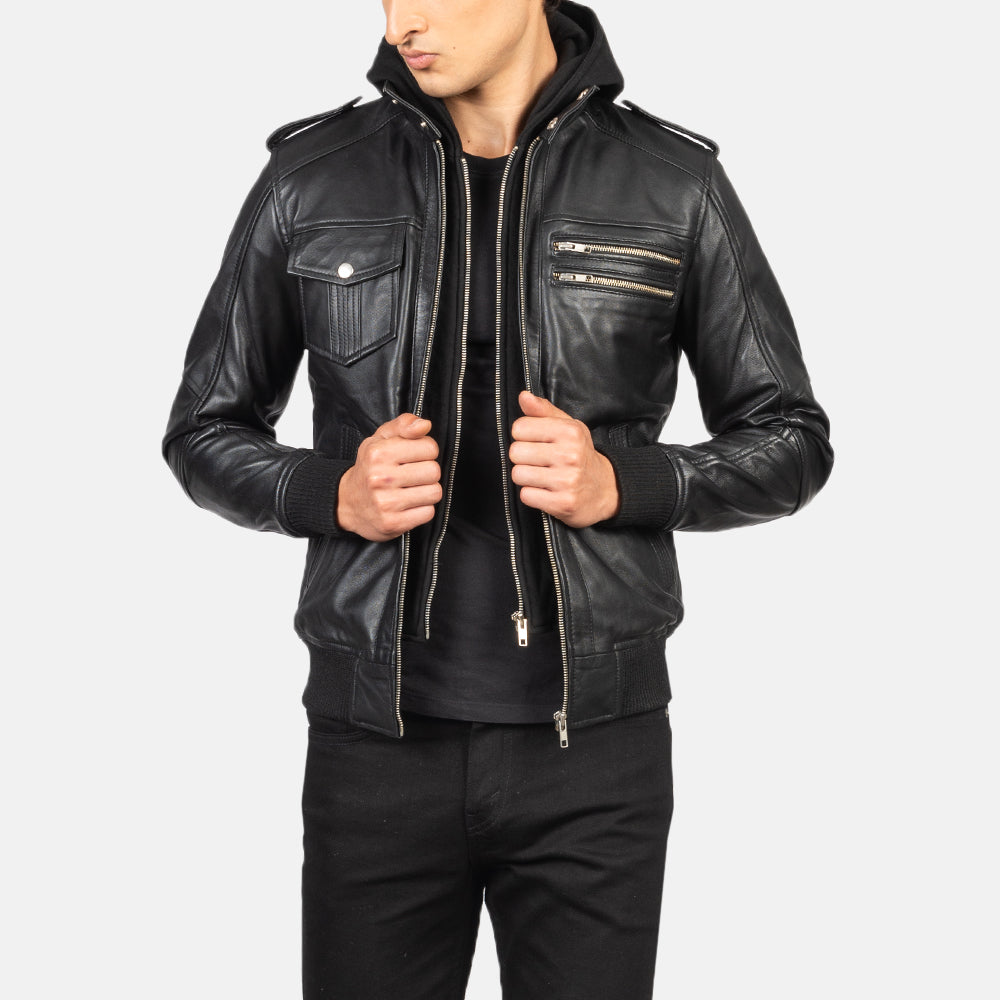 Bravado Black Hooded Men's Leather Bomber Jacket
