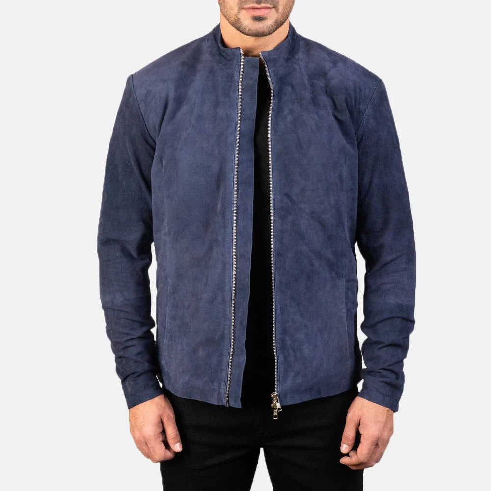 Charcoal Navy Blue Women's Suede Biker Jacket – Premium Genuine Goat Suede Asymmetric Moto Jacket