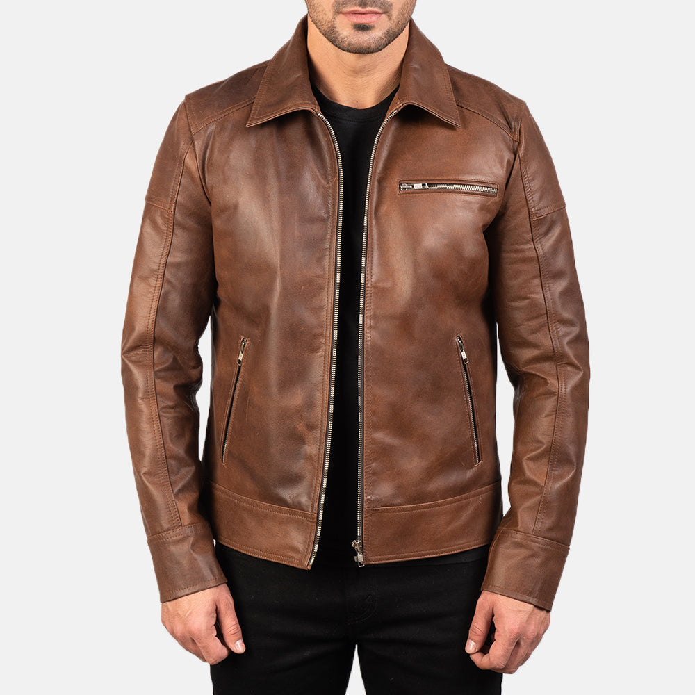 Lavendard Men's Brown Leather Biker Jacket