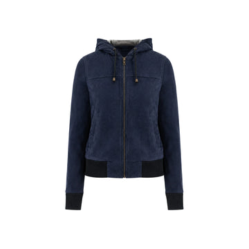 Rebella Women's Blue Hooded Suede Bomber Jacket – Premium Genuine Goat Suede with Detachable Fleece Hood