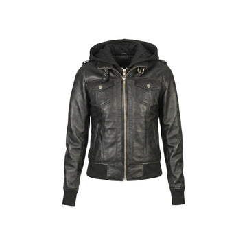 Roslyn Women's Black Hooded Leather Bomber Jacket – Premium Genuine Lambskin Leather with Removable Fleece Hood