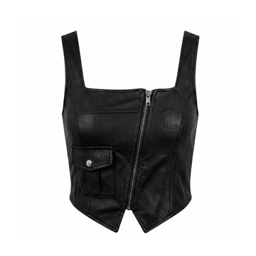 Women's Genuine Sheepskin Leather Cargo Corset Top – Asymmetric Utility Zip Vest